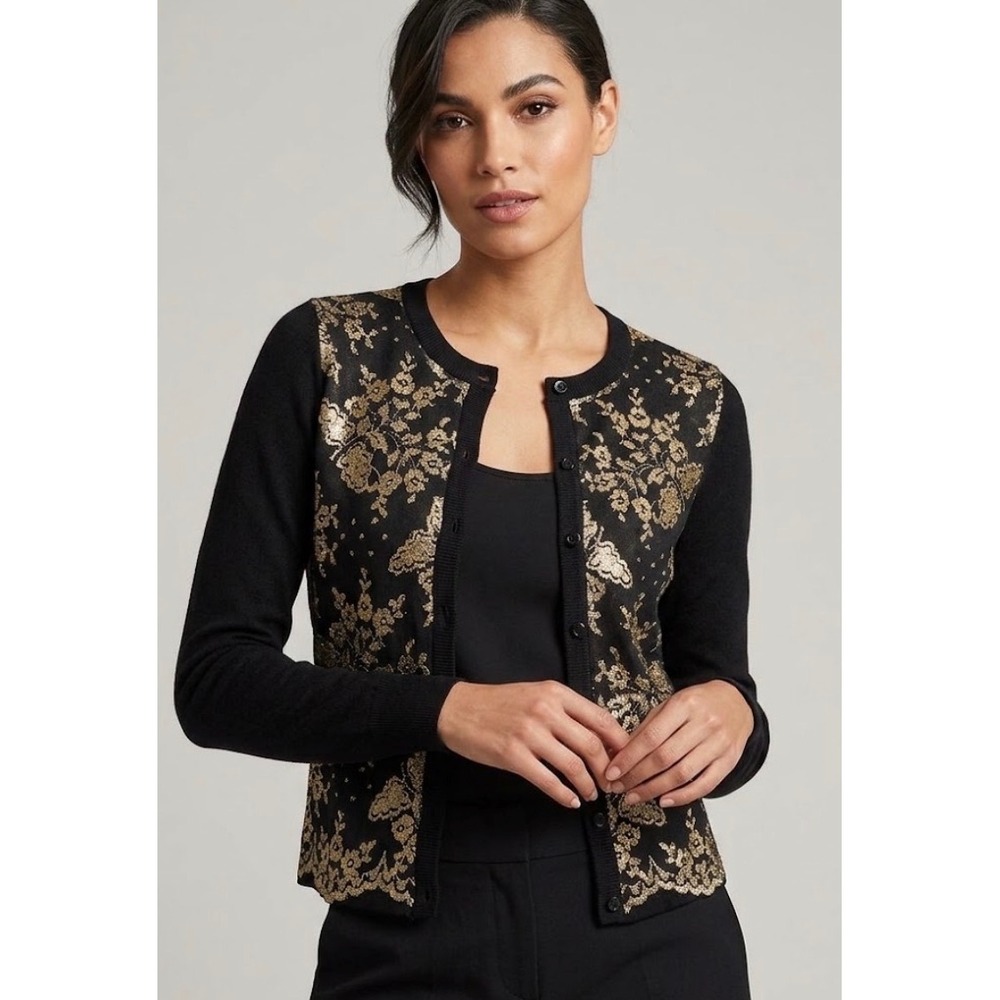 Shoshanna Black Merino Wool Gold Metallic Floral Lace Cardigan Sweater Small